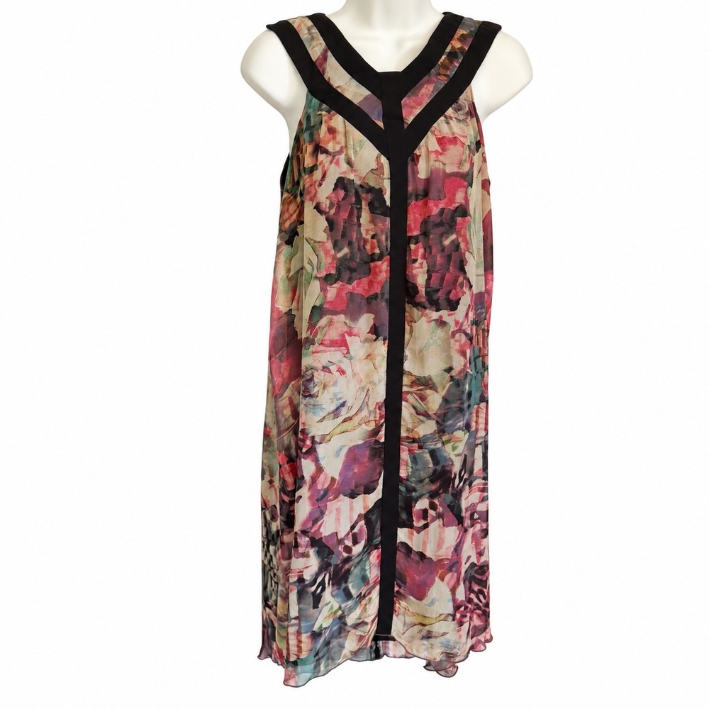 Eve Gravel Abstract Watercolor Floral Chiffon Dress Sleeveless Made in Canada S